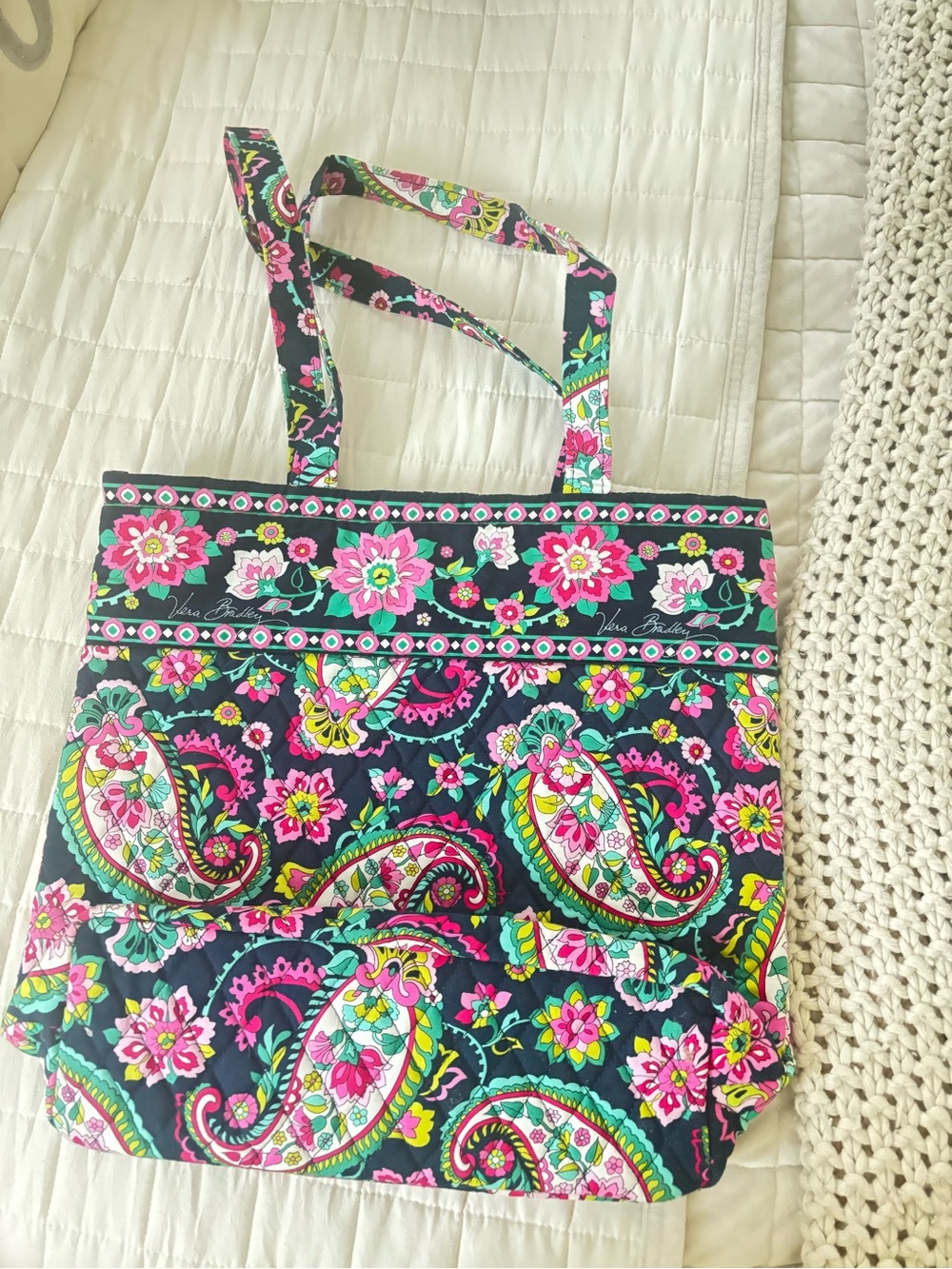 Vera Bradley Navy Paisley Floral Quilted Tote with Pink & Green